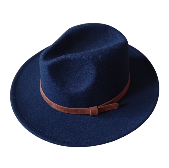 Navy Blue Women's Fedora Brimmed Hat, Brown Strap, Adjustable Size - Picture 1 of 11